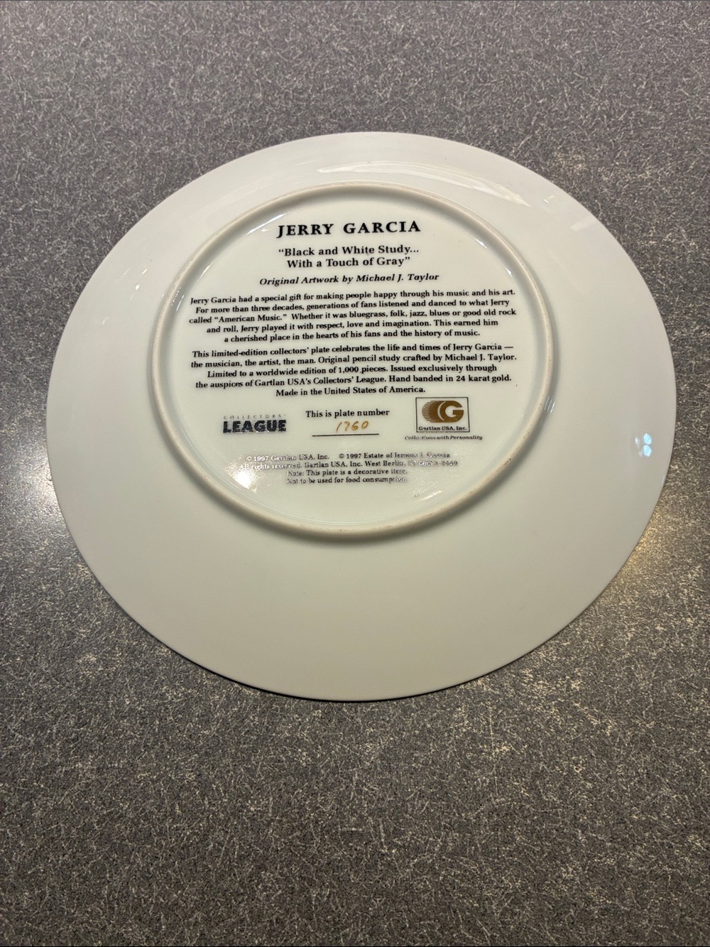 J. Garcia White Decorative Collector Plate with Black Text